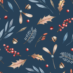 Winter plants seamless pattern on dark blue background. Christmas plants, berries, leaves, branches, mistletoe, fir tree, acorns seamless, watercolor background.
