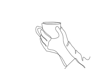 One continuous line drawing of hands holding a cup of hot coffee.