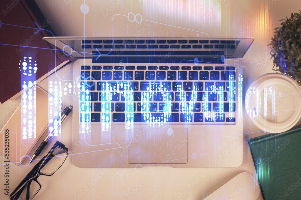 Poster double exposure of data theme drawing hologram over topview work table background with computer. con