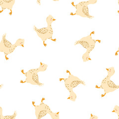 Cute goose or duck vector seamless pattern. Cartoon domestic bird, farm poultry, fowl, waterfowl. Vector children texture for textile, print, fabric. Farming, agriculture, country life