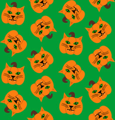 Naklejka premium Abstract Hand Drawing Cute Cat Face Pumpkins Halloween Concept Seamless Vector Pattern Isolated Background