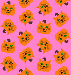 Fototapeta premium Abstract Hand Drawing Cute Cat Face Pumpkins Halloween Concept Seamless Vector Pattern Isolated Background