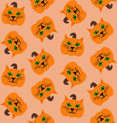 Fototapeta premium Abstract Hand Drawing Cute Cat Face Pumpkins Halloween Concept Seamless Vector Pattern Isolated Background