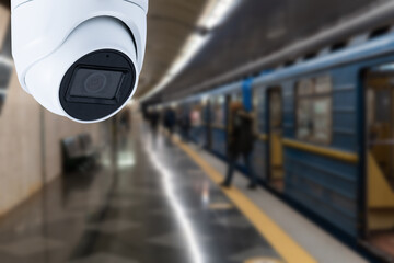 CCTV Camera security operating on subway station platform.underground railways station