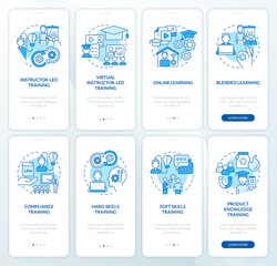 Developing training programs blue onboarding mobile app screen set. Walkthrough 4 steps editable graphic instructions with linear concepts. UI, UX, GUI template. Myriad Pro-Bold, Regular fonts used