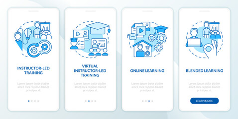 Organize corporate training program blue onboarding mobile app screen. Walkthrough 4 steps editable graphic instructions with linear concepts. UI, UX, GUI template. Myriad Pro-Bold, Regular fonts used