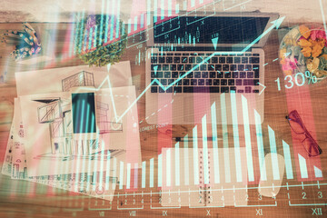 Multi exposure of financial chart drawing over table background with computer. Concept of research. Top view.