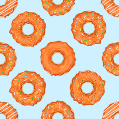 Seamless pattern with orange donuts and colorful sprinkles. Vector illustration for fabrics, textures, wallpapers, posters, cards. Editable elements.