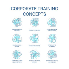 Corporate training turquoise concept icons set. Development in workplace idea thin line color illustrations. Webinars. Isolated symbols. Editable stroke. Roboto-Medium, Myriad Pro-Bold fonts used