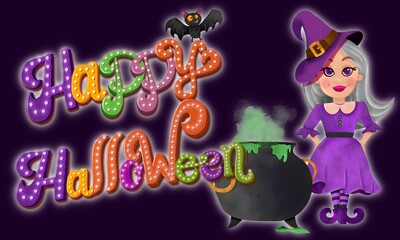 Happy Halloween hand-lettered with a cute witch, a cauldron, and a bat