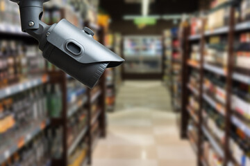Obraz premium CCTV system security and blurred defocused background of supermarket interior