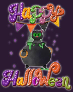 Happy Halloween hand-lettered with a black cat in a cauldron illustration 
