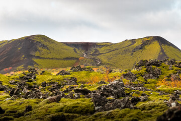 Gr&aacute;br&oacute;k Crater Landscape in Autumn/Fall with Lava Field and Autumnal Colored Trees in West Iceland