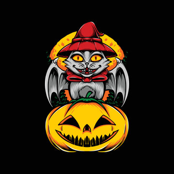 witch cat standing on pumpkins halloween vector