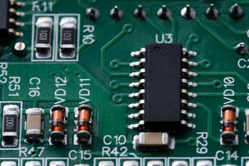 Electronic circuit board with electronic components such as chips close up