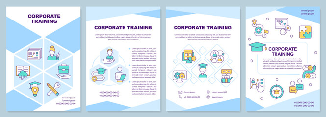 Fototapeta na wymiar Corporate training blue brochure template. E learning. Leaflet design with linear icons. Editable 4 vector layouts for presentation, annual reports. Arial-Black, Myriad Pro-Regular fonts used