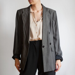 Woman wearing oversized grey blazer, elegant shirt and black trousers isolated on white background