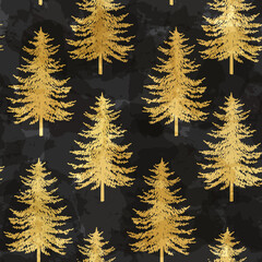 Obraz premium Christmas tree seamless pattern. Noel gold on black print, New year winter decoration, golden christmas background with firs and snowflakes, wallpaper, wrapping paper design