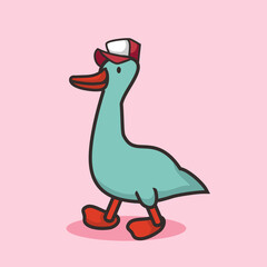 Duck with hat walking cartoon mascot, flat design style