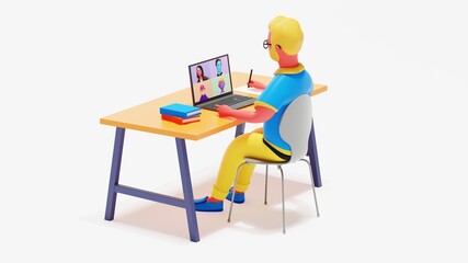 3d cartoon render. Study online course, learning new skill from internet or e-learning website, training or online class for knowledge concept, young adult studying online course on computer laptop.