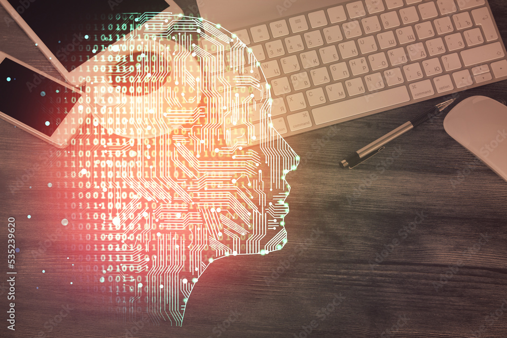 Aufkleber multi exposure of brain drawing over work table desktop. top view. global data analysis concept.