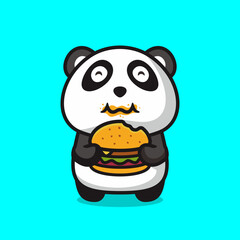 Cute fat panda eating burger, flat design style