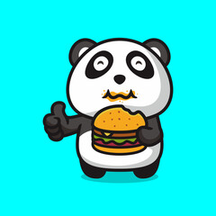 Cute fat panda eating burger, flat design style