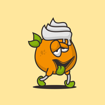 Orange cartoon mascot walking with cream on the head, Flat design style