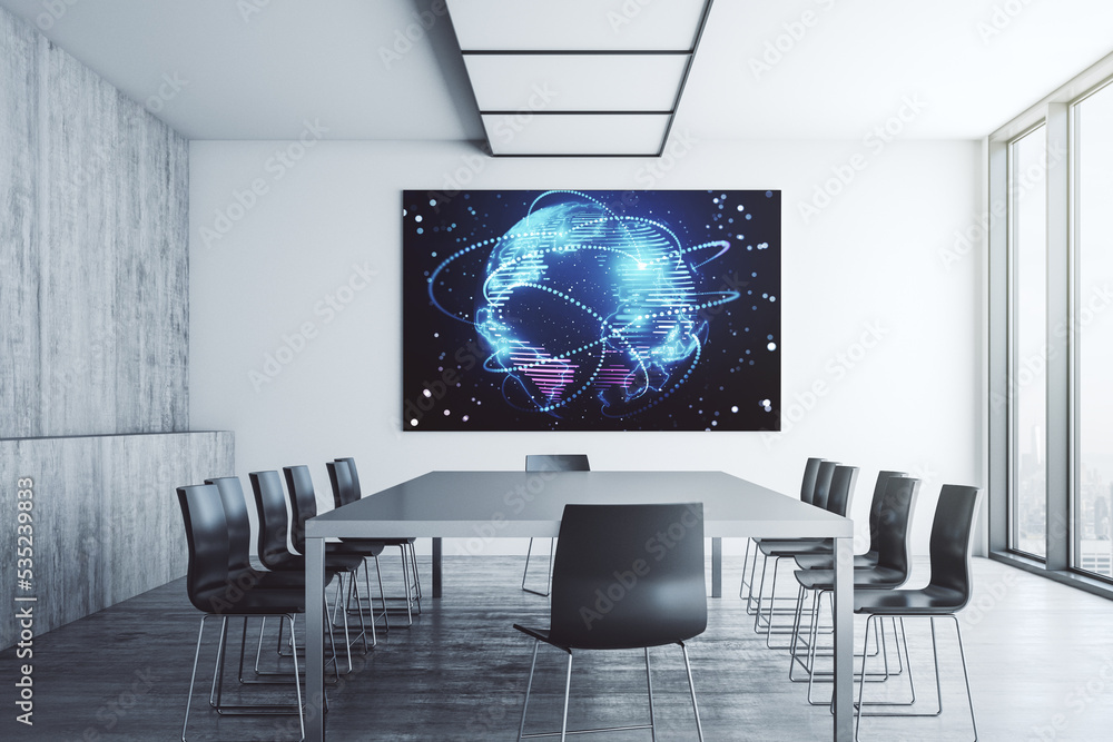 Poster abstract graphic world map with connections on tv display in a modern presentation room, globalizati