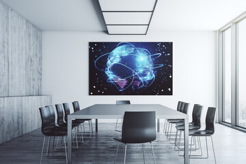 Abstract graphic world map with connections on tv display in a modern presentation room, globalization concept. 3D Rendering