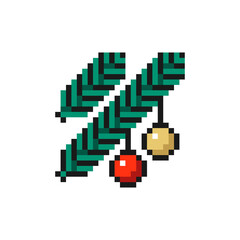 Fir tree branches with Christmas hanging glitter balls icon in pixel art design isolated on white background. Christmas and New Year vector sign symbol.