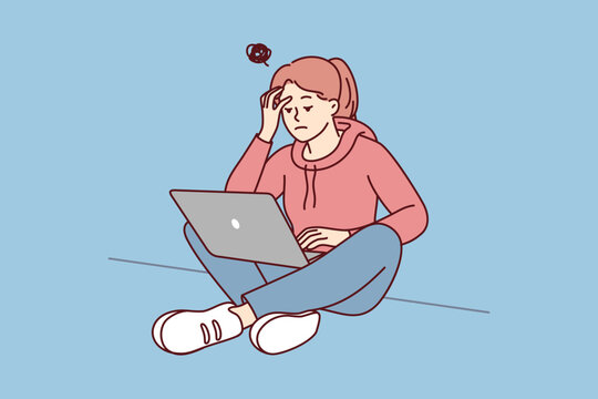 recommend clip art: Female student work on laptop thinking suffer from inspiration lack. Stressed woman study on computer struggle with distraction. Vector illustration. 