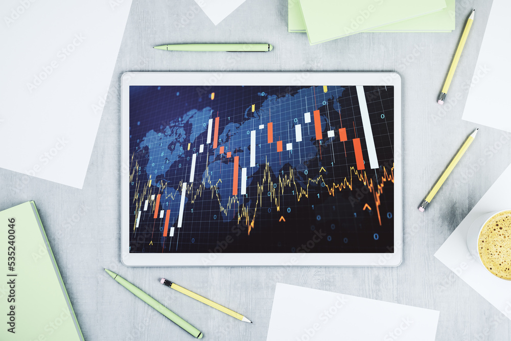 Poster modern digital tablet display with abstract creative financial graph and world map, financial and tr