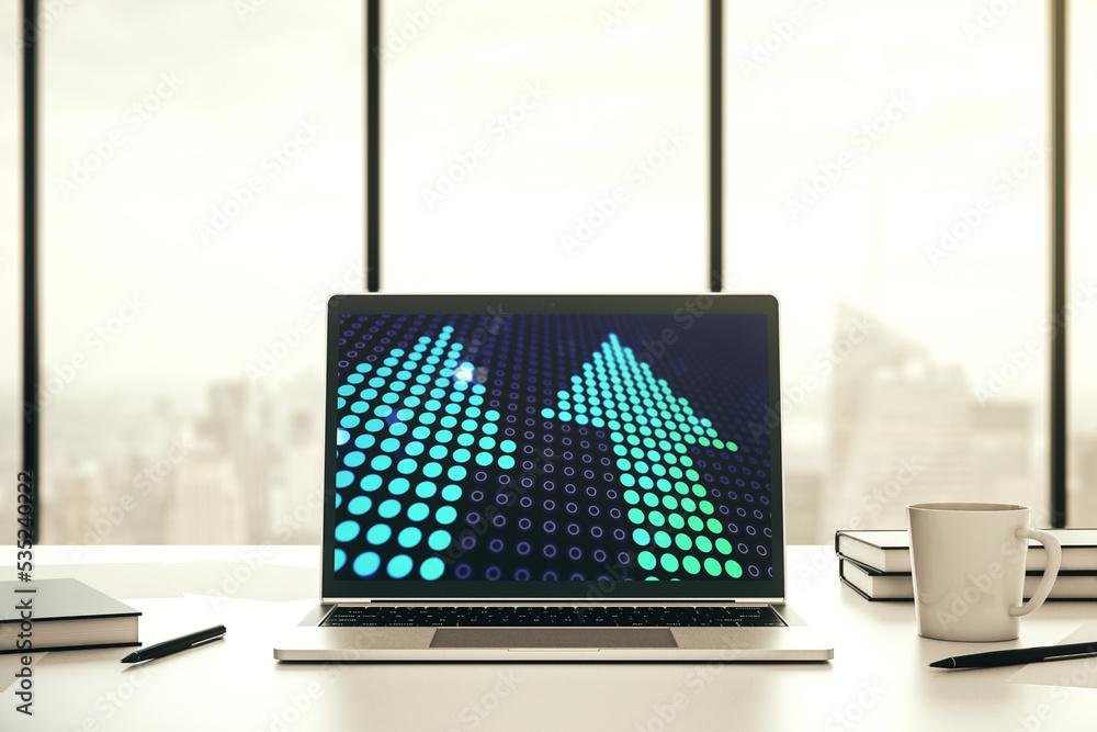 Poster modern computer monitor with creative abstract upward arrows hologram. ambition and challenge concep