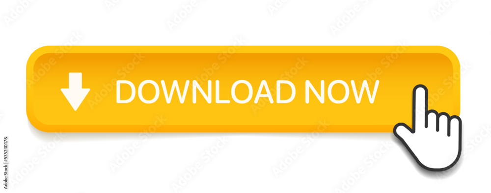 Aufkleber 3d download now yellow button with hand cursor. Save cloud icon button hand pointer clicking. Click here banner with shadow. Click push button isolated. Online shopping.