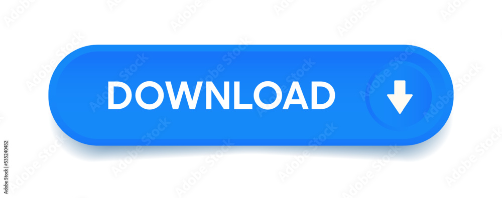 Poster 3d download now blue button with hand cursor. Save cloud icon button hand pointer clicking. Click here banner with shadow. Click push button isolated. Online shopping.