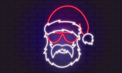 Santa Claus neon sign. Hipster wearing in shutter glasses and Santa Claus hat. Bright Christmas vector illustration.