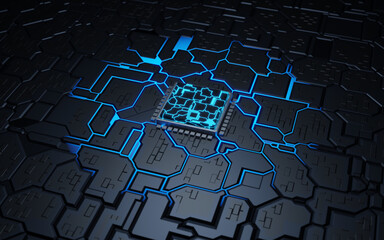 CPU chip on Motherboard. Abstract 3D render of a processor computer chip on a cicuit board..