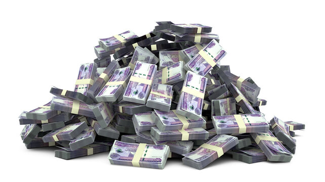 Big pile of Ethiopian birr notes a lot of money over white background. 3d rendering of bundles of cash