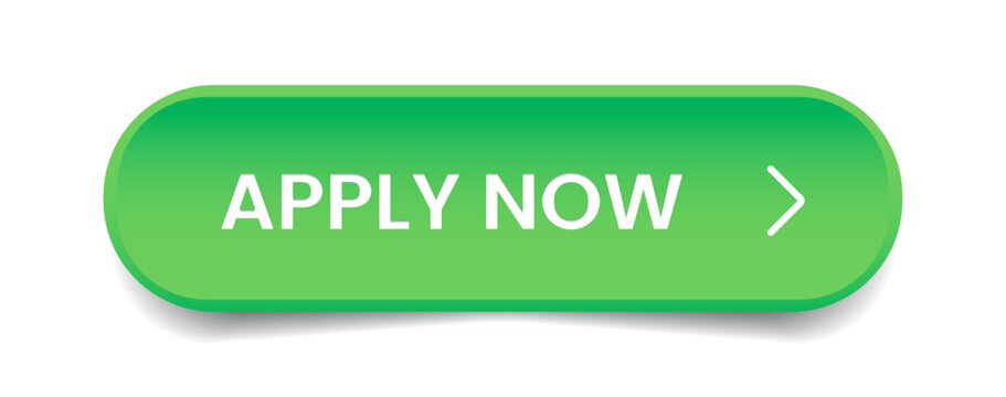 3d apply now green button with hand cursor. Application button hand pointer clicking. Click here banner with shadow. Click push button isolated. Online shopping.