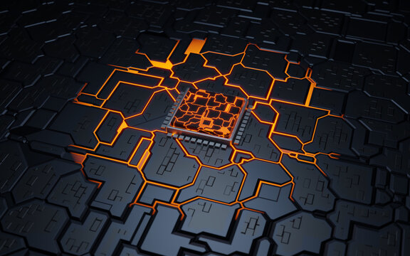 CPU chip on Motherboard. Abstract 3D render of a processor computer chip on a cicuit board..