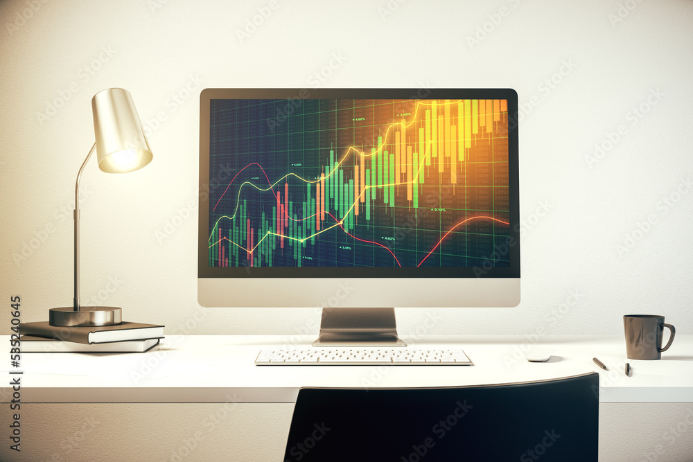 Poster modern computer screen with abstract creative financial chart, research and analytics concept. 3d re