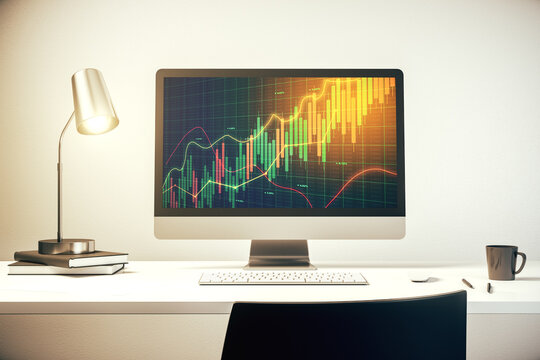 Modern computer screen with abstract creative financial chart, research and analytics concept. 3D Rendering - Powered by Adobe