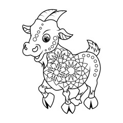 Coloring book for children. Cute goat in zentangle style. The task for children can be used in a book, magazine. Vector illustration