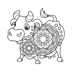 Coloring book for children. Cute cow in zentangle style. The task for children can be used in a book, magazine. Vector illustration