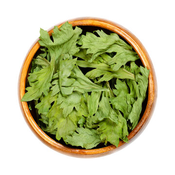 Celery, dehydrated green leaves, in a wooden bowl. Apium graveolens var. graveolens, root vegetable, primarily grown for its stalk. Leaves with strong flavor, used in soups, stews and as dried herb.