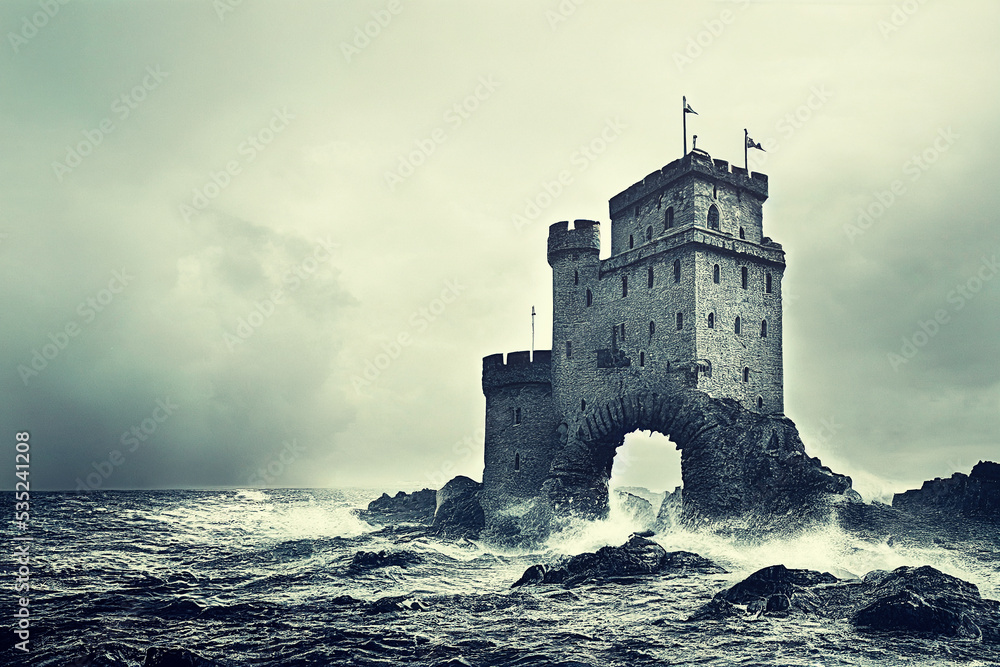 Wall mural medieval castle on the sea waterfront with stormy weather and raging waves, digital art made with ge