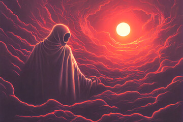 Grim reaper collecting souls at night. Halloween festival concept. Digital art