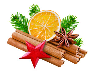 Dekoration für Weihnachten mit Zimtstangen, Orangen, Anis und Tannenzweigen   Hintergrund...