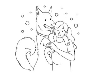 Happy girl and dog hugging 